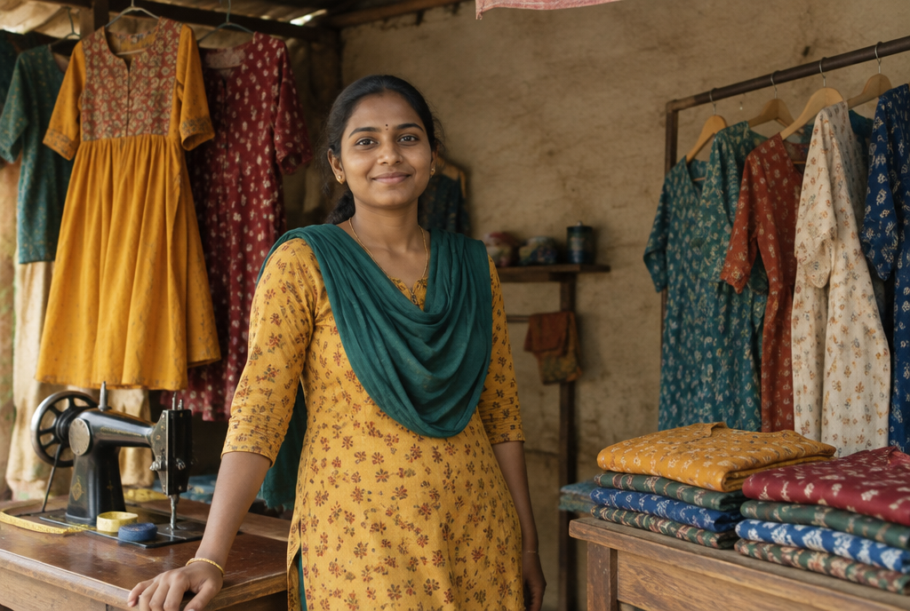 A woman standing proudly beside garments she made