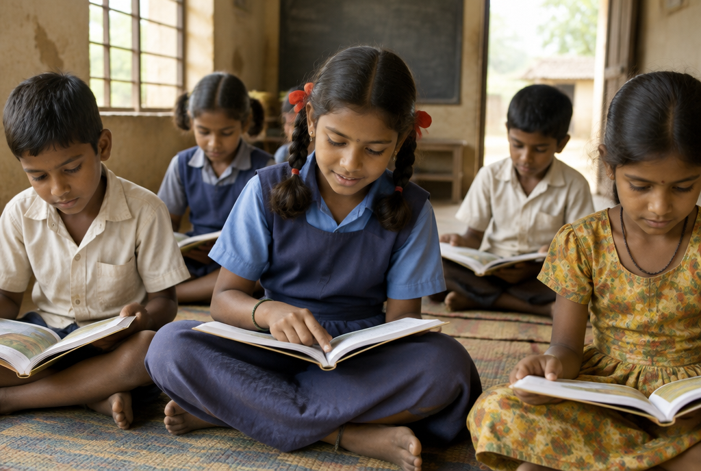 Children reading books in a classroom