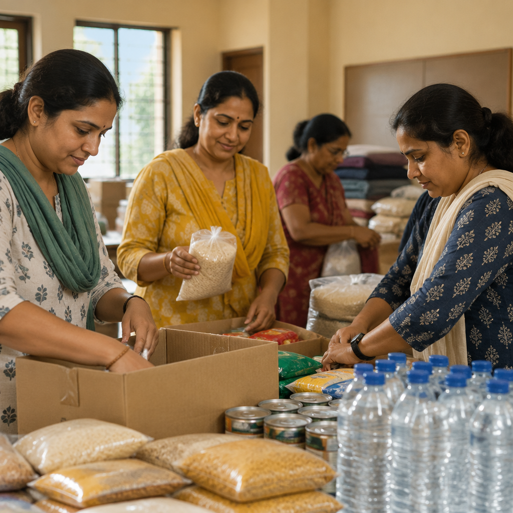Volunteers organising supplies at a community centre
